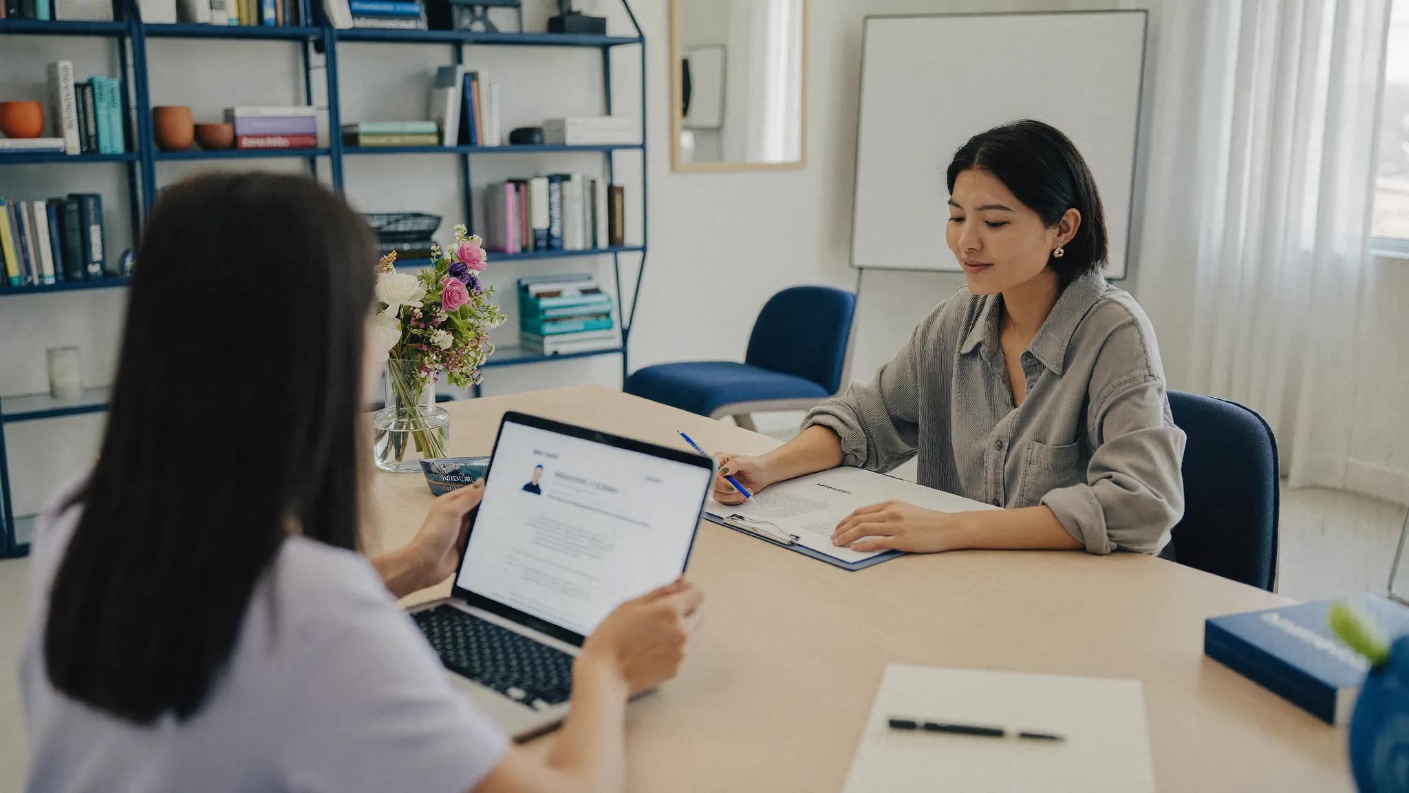 A recruiter reviewing a résumé with a candidate