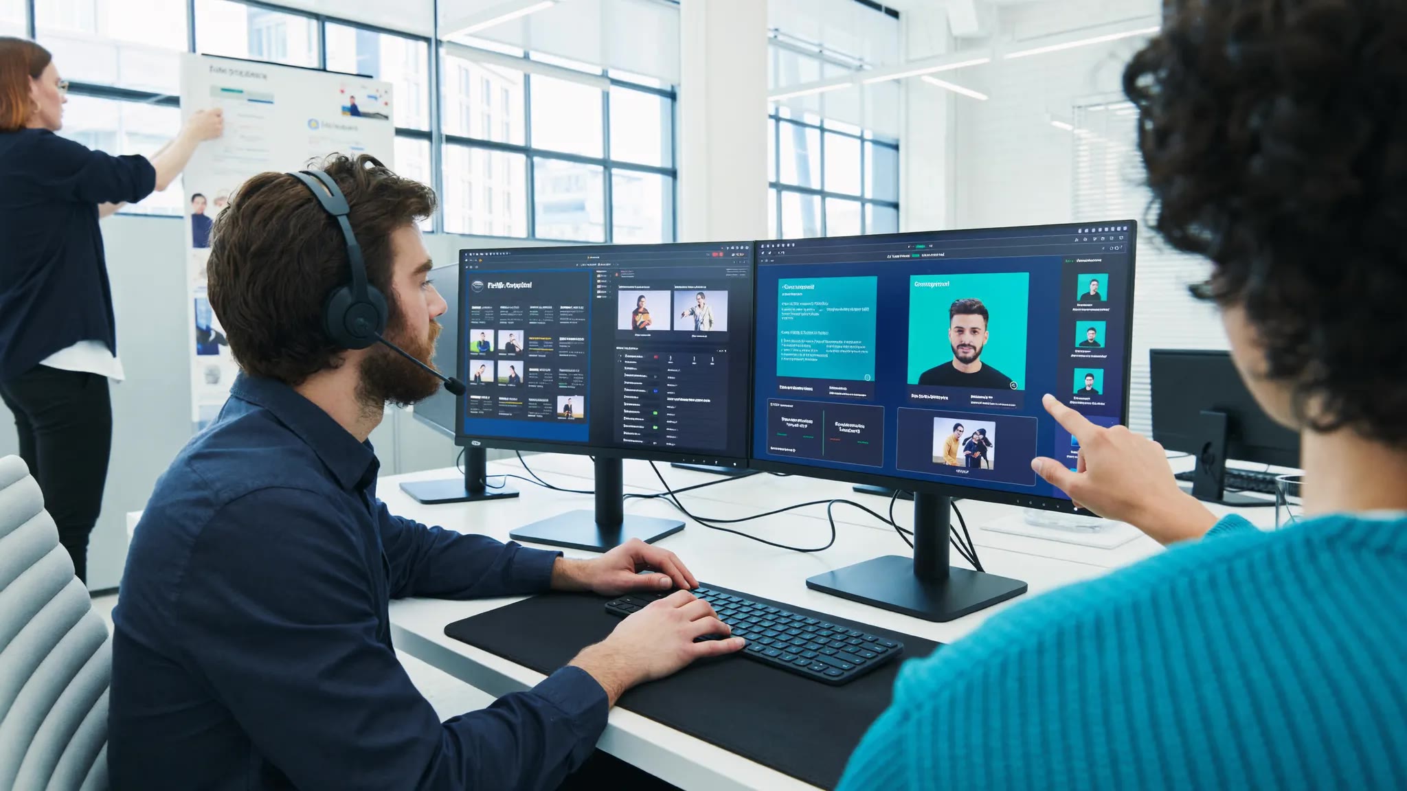 A sourcing specialist and teammate reviewing a candidate pipeline on two monitors